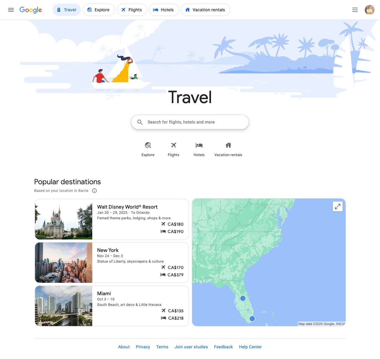 Screenshot of Google Travel Home page