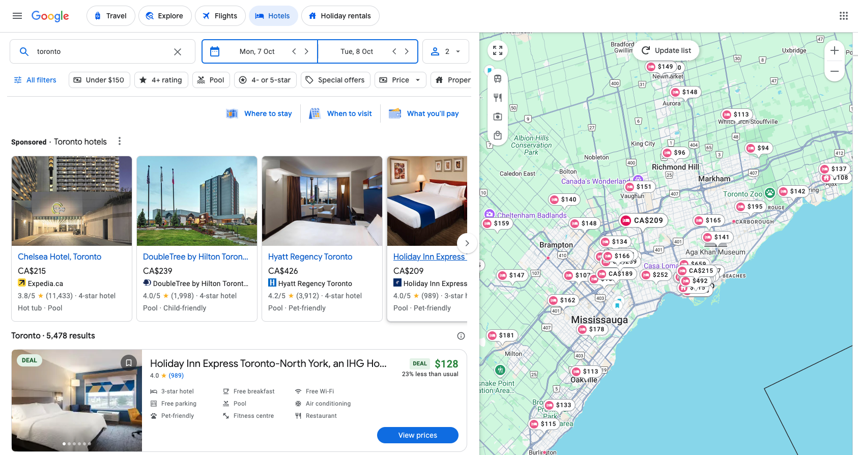 Google search for “toronto hotels”, Google