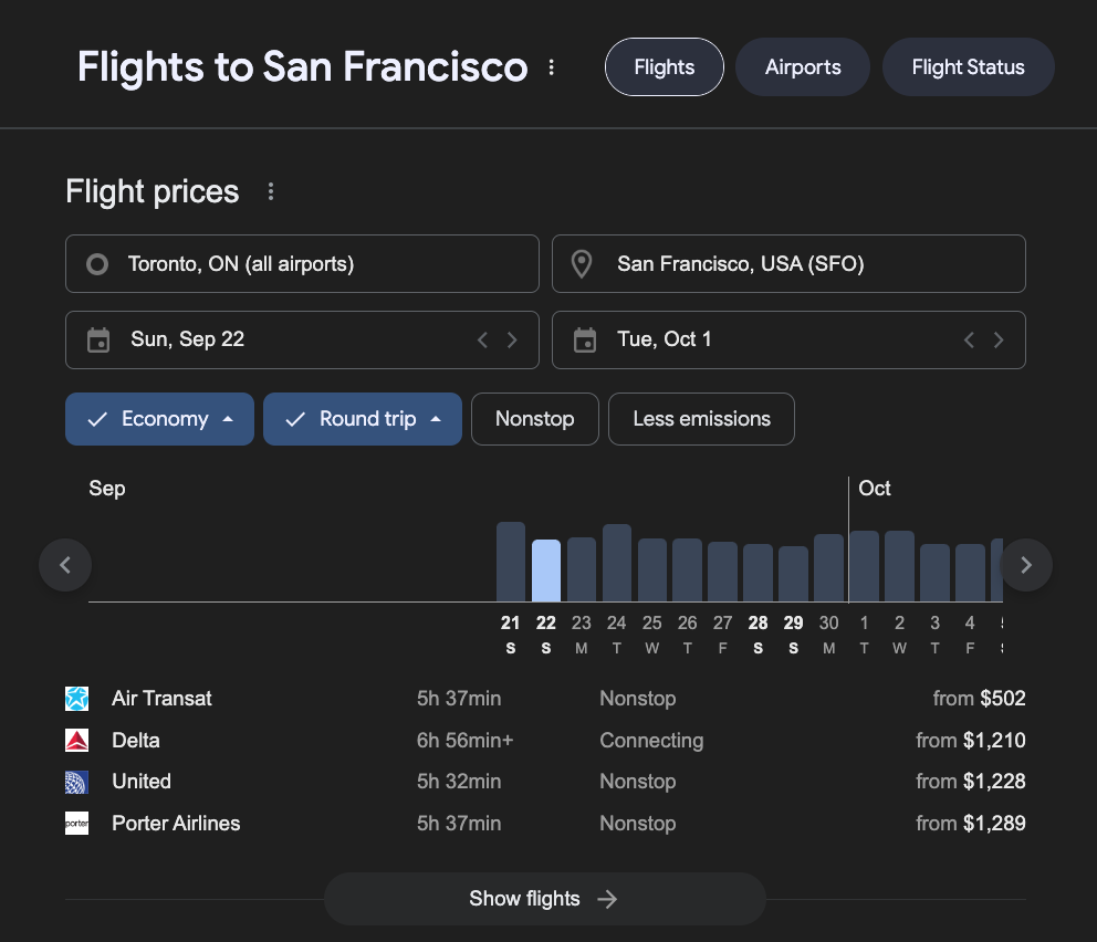 flight to san francisco Google search