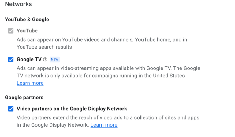 screenshot of ctv networks setting in google ads