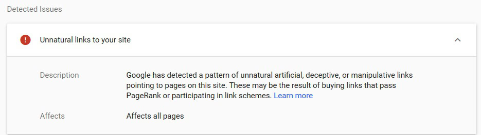 Unnatural links manual action notification in search console.