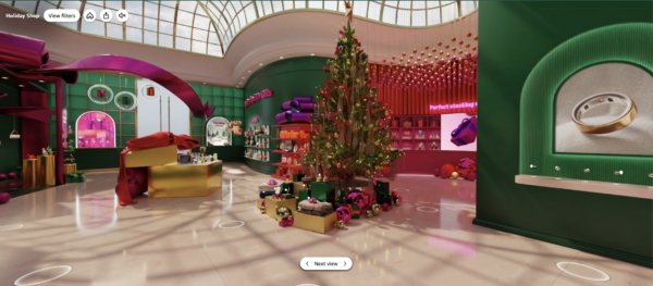 Amazon's virtual-reality holiday shop that features appealing product displays and festive decorations.