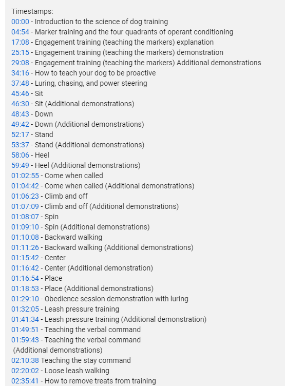 screenshot of a YouTube video description featuring timestamps