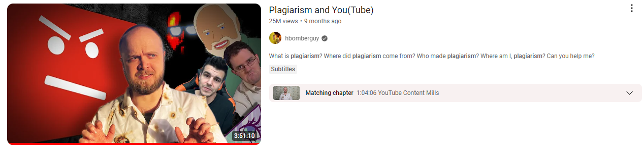 a screenshot of YouTuber Hbomberguy's video "Plagiarism and You(Tube)