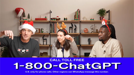 Screenshot of video presenters pointing downward to a banner that reads Call Toll Free 1-800-ChatGPT