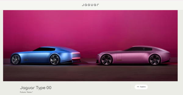 Jaguar shows the future vision of the car. Blue and pink futuristic-looking cars.