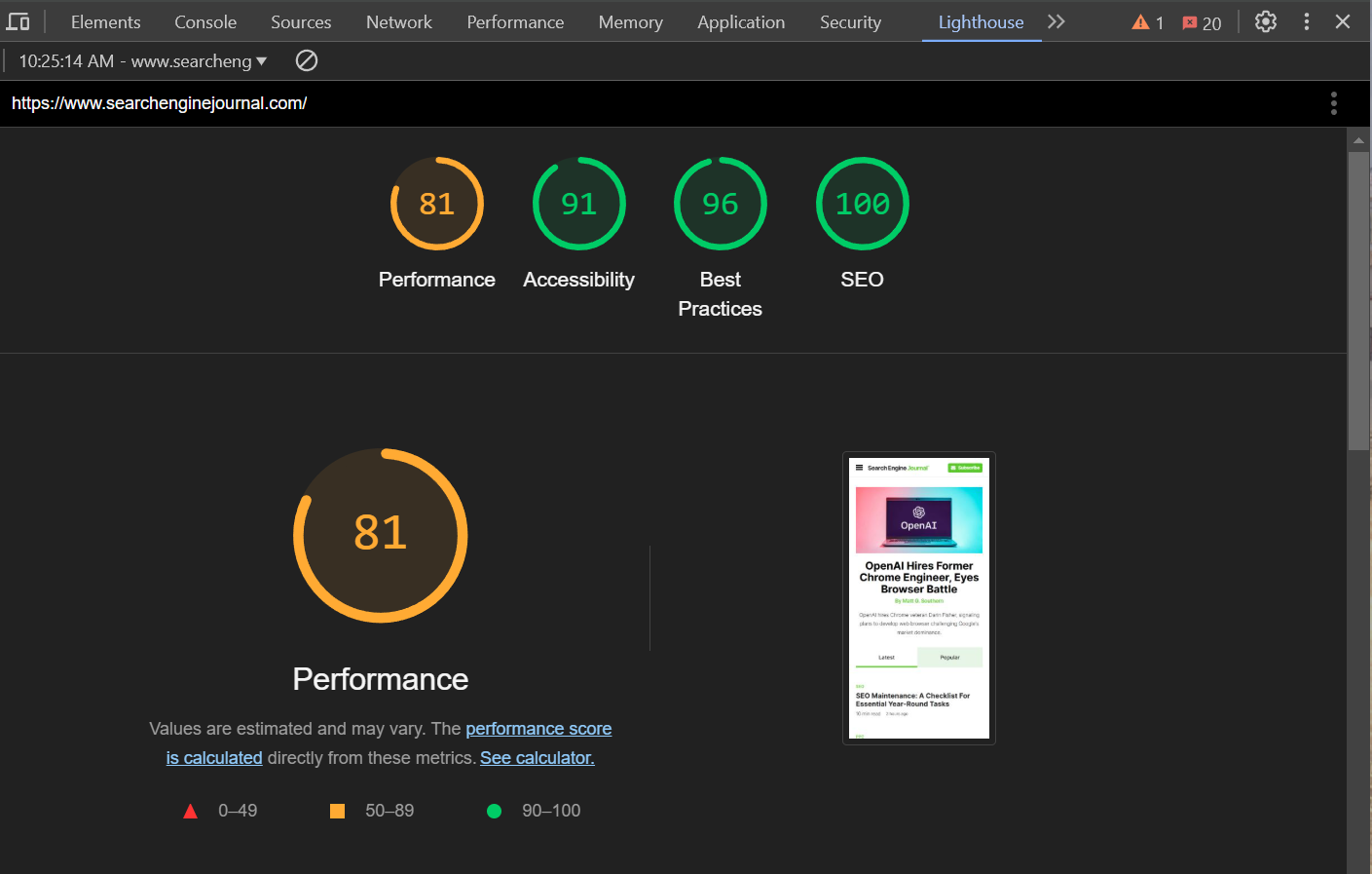 A screenshot of the Google Chrome Dev Tools window, containing a Lighthouse performance report. This report displays metrics for webpage performance, accessibility, best practices, and SEO