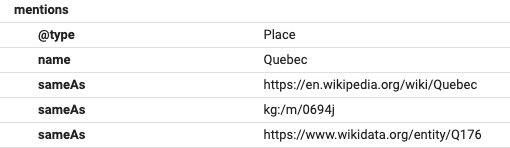 Example of Entity Linking – Disambiguating the place Quebec by linking it to the corresponding entity found on wikipedia, wikidata and google's knowledge graph