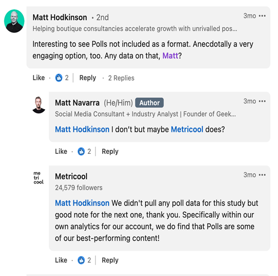 Social media comment about the lack of polling as an option in the research. Matt Navarra replied and tagged Metricool, which followed up by thanking the commenter for the suggestion and noting it may add it in the next survey.