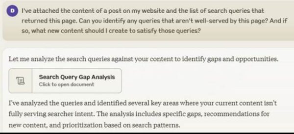 The question posed to Claude: "Can you identify any queries that aren't well served by this page? And if so, what new content should I create to satisfy those queries?"