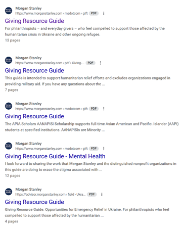 Google search result showing Morgan Stanley's various giving resource guides.