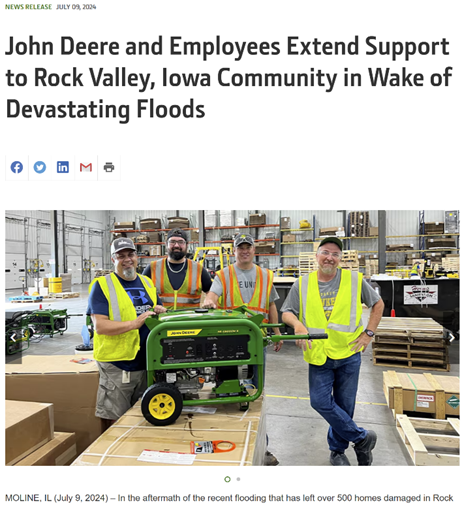 John Deere and employees extend support to Rock Valley, Iowa, community in wake of devastating floods.