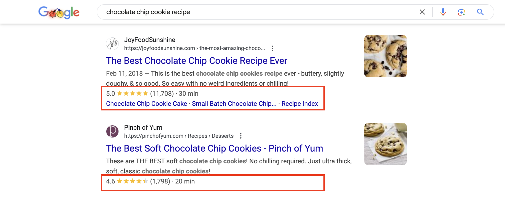 Screenshot from search for [chocolate chip cookie recipe], Google, January 2025