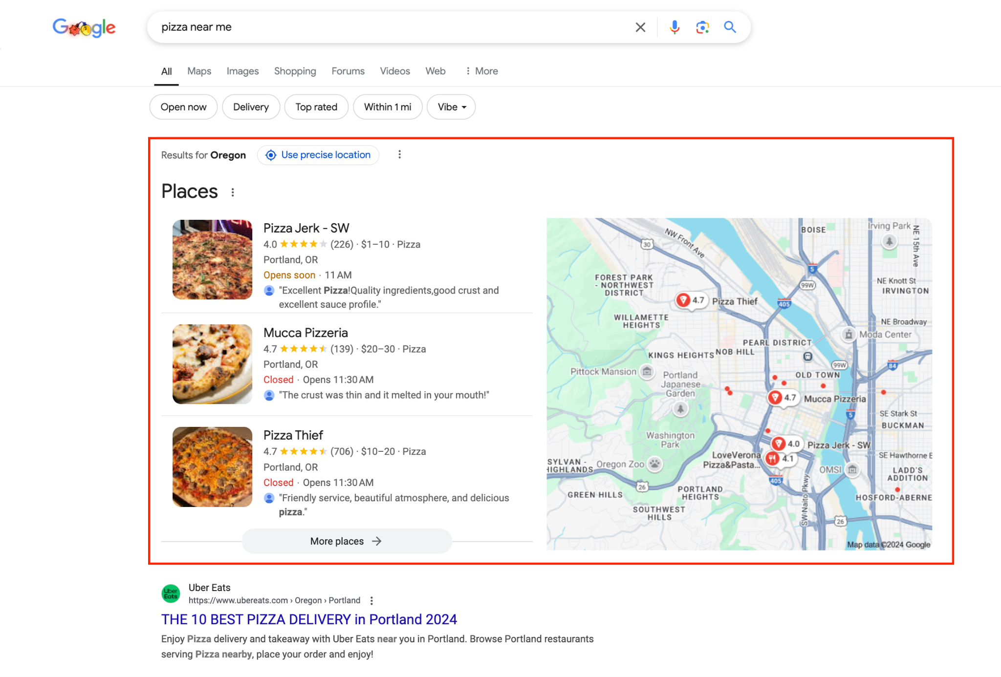 Screenshot from search for [pizza near me], Google, January 2025