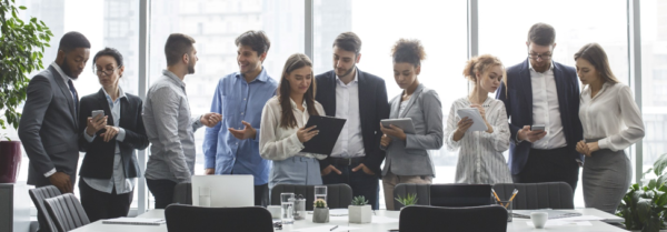 A stock image of diverse professionals in business attire.