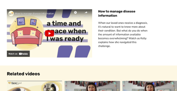 Screenshot of a webpage featuring a YouTube video titled 'How to manage disease information,' with an illustrated thumbnail of a couch and text overlay. A description beside the video explains the challenges of processing disease information. Below, a 'Related videos' section displays additional video thumbnails.