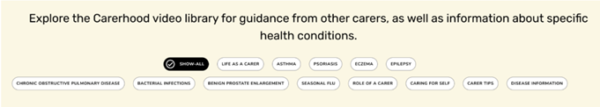 Screenshot of a web page featuring the title "Explore the Carerhood video library for guidance from other carers, as well as information about specific health conditions."