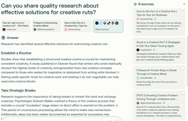 Screenshot of a research-based response to overcoming creative ruts, including strategies like establishing a routine and taking strategic breaks. The image also shows sources related to creative problem-solving and overcoming creative blocks.