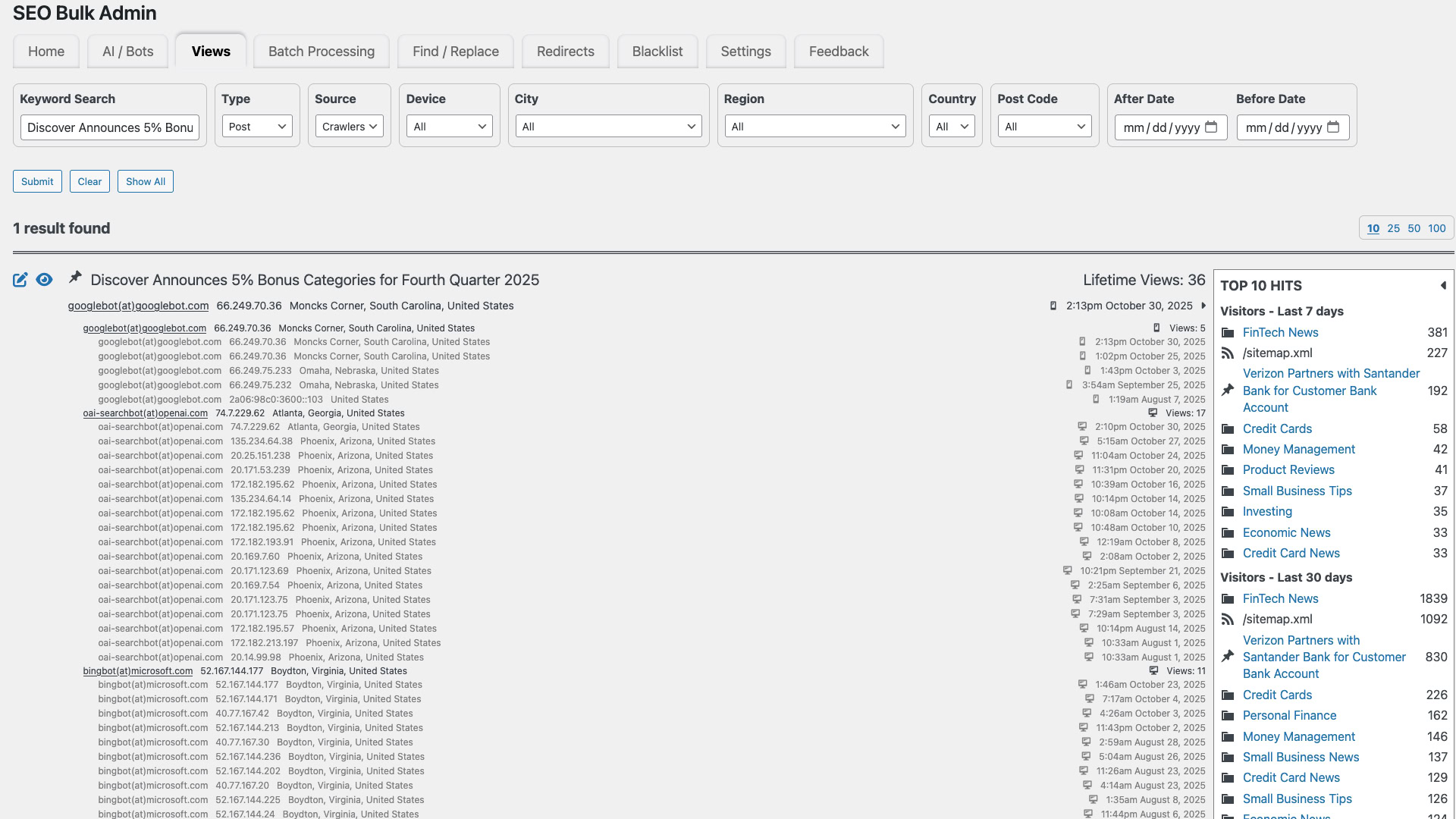 Screenshot of SEO Bulk Admin Page Level Crawler Activity