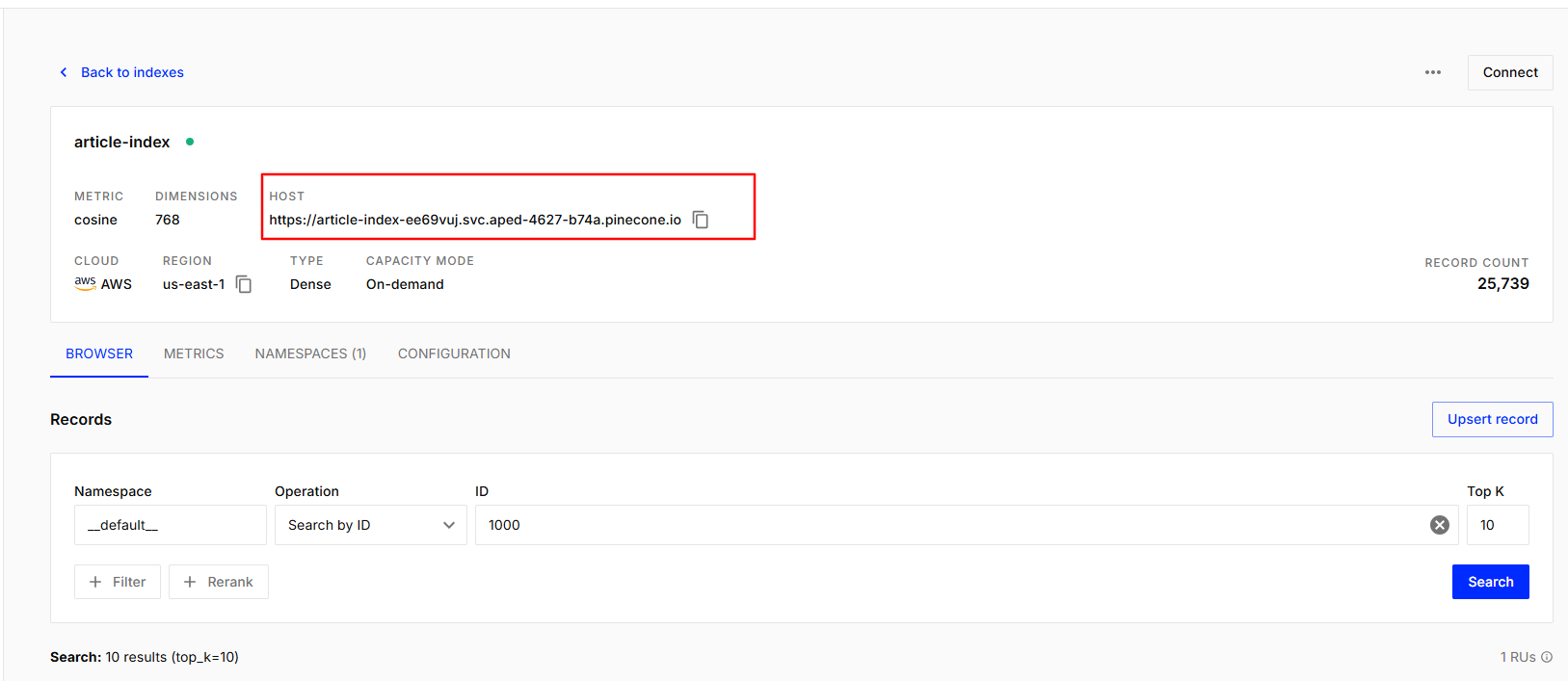 Pinecone table with dimensionality of 768