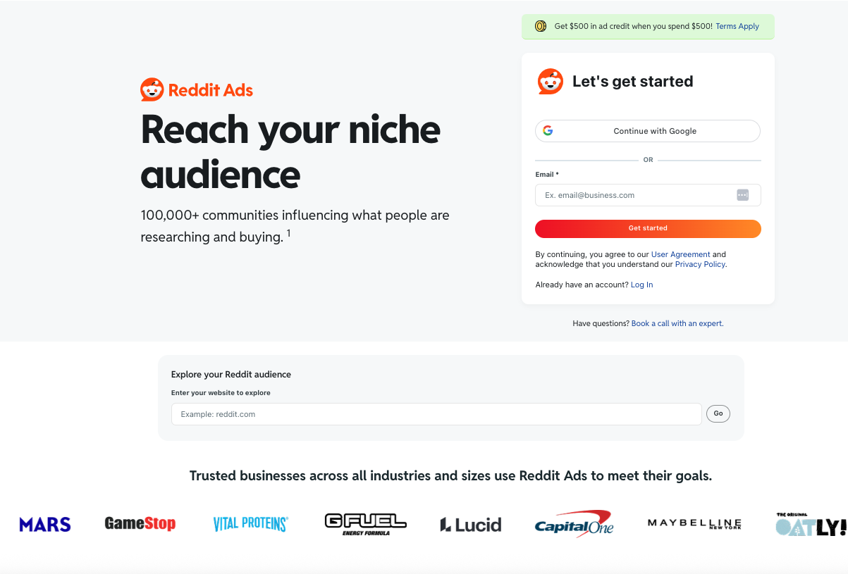 Redit Ads landing page showing social proof