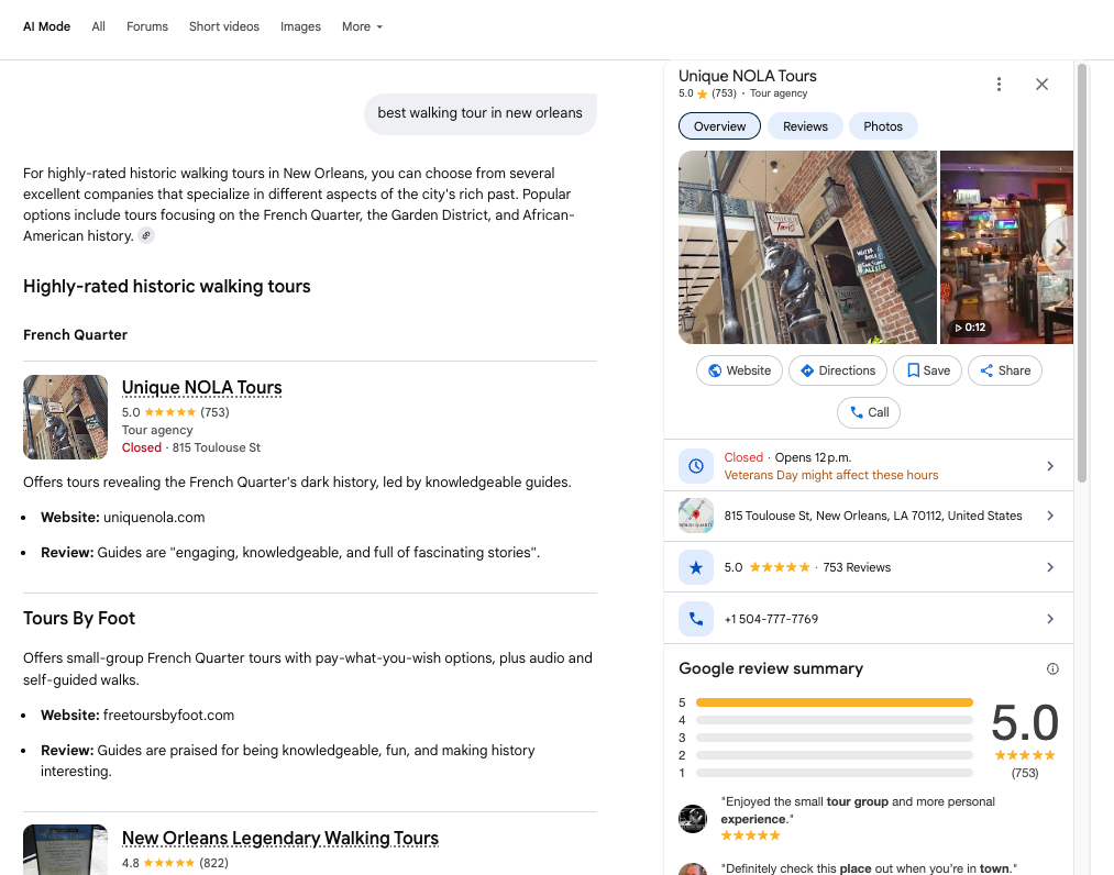 AI Mode GBP Cards screenshot