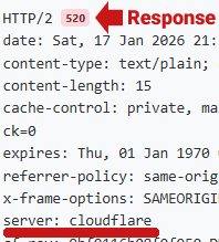Screenshot showing a 520 error response code